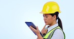 Engineering, woman thinking and tablet for design ideas, planning building and renovation progress in studio. Construction worker or asian builder for digital architecture solution on blue background