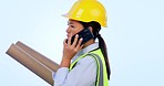 Talking, woman or a construction worker on a phone call for planning or design discussion. Building, young architect and a conversation on a mobile for a contractor project on a studio background