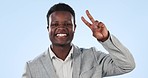 Business, portrait and black man with peace sign, feedback and support on blue studio background. Face, African person or employee with hand gesture, review and opportunity with promotion or decision