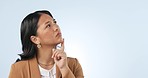 Thinking, brainstorming and young woman in studio with unsure, solution or doubt facial expression. Idea, reflection and Asian female model with planning face isolated by white background with mockup