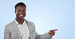 Happy black man, pointing and list on mockup for advertising or marketing against a studio background. Portrait of African businessman smile showing steps, options or information to choose or select