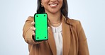 Closeup, woman and smartphone with green screen, internet and contact on a blue studio background. Person, tracking markers and model with a cellphone, social media and website information with email