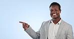 Happy black man, pointing and business, advertising or marketing against a blue studio background. Portrait of African businessman smile showing list, information or steps for options on mockup space