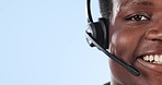 Happy black man, face and call center on mockup in customer service against a studio background. Closeup portrait of African male person, consultant or agent smile for telemarketing or online advice