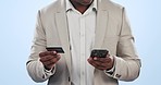 Businessman, hands and phone with credit card for payment or banking against a studio background. Closeup of man with debit and mobile smartphone for online shopping, bank app or fintech in ecommerce