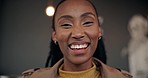 Face, business and black woman with a smile, funny and cheerful girl with happiness, startup and graphic designer. Portrait, African person and employee with humor, joyful and laughing with a joke