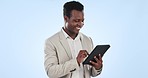 Happy black man, tablet and social media for communication or networking against a studio background. African businessman smile on technology for online search, research or news on mockup space