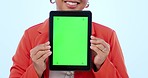 Woman, hands and tablet with green screen in closeup of digital marketing, e commerce or social media. Female, entrepreneur or worker with mock up of announcement, notification or alert with promo