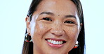 Woman, face and smile with beauty in self love close up, natural make up and freckles with confidence. Asian model, clean skin and glow with happiness, cosmetic and portrait with melasma skincare