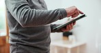 Hands, scroll or old man with tablet in home for online info or research on internet in retirement. House, technology or closeup of a senior male person reading blog news on website or social media