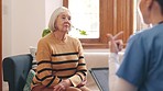 Healthcare, conversation and doctor with senior woman in living room for diagnosis or treatment plan. Discussion, medical and female caregiver explaining medicare to elderly patient in nursing home.