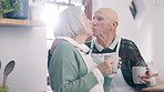 Senior couple, kiss or coffee in communication in kitchen, love or care in retirement. Elderly man, woman and marriage to espresso in morning, relax together and calm, peace and conversation in house