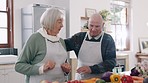 Cooking, happy and senior couple in kitchen for lunch, supper and romantic dinner together. Marriage, retirement and man and woman at home with food for meal prep for bonding, fun and happiness