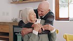 Senior couple, hug and home with marriage support and love together with a smile and loyalty. Retirement, relax and elderly people in a house with happy, kindness and care of pensioner with trust