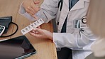 Doctor, explaining and pills with hands in closeup in medical office for patient consultation. Woman, medical professional and prescription medicine for health, wellness or illness with instruction