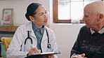 Female doctor, elderly and patient for consultation in office with discussion, talking or conversation. Medical professional, senior man and clipboard for checklist, diagnosis or result of illness