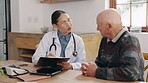 Doctor, old man or patient writing symptoms on paper test results, healthcare report or advice. Medical professional, male person and document for hospital support or diagnosis, prescription or help