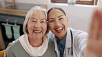 Senior woman, doctor and smile in selfie with care, kindness or help for medical wellness in clinic. Medic, nurse and elderly patient with photography for memory, profile picture or social media post