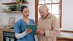 Clipboard, healthcare and nurse with senior man and caregiver with checklist for health. Homecare, conversation and patient with insurance paperwork and medic planning in retirement with consultation