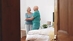 Woman, walking and helping senior man from bed in retirement with trust to balance together. Caregiver, support or elderly person in bedroom with care for arthritis, osteoporosis or mobility in house