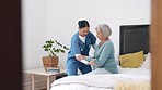 Nurse, walking and helping senior woman from bed in retirement, nursing home or healthcare. Caregiver, support or elderly person in bedroom with mobility care for arthritis, osteoporosis or balance