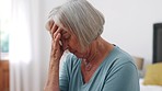 Headache, senior woman and stress in home for retirement, mental health and anxiety of depression. Face, tired elderly lady and worry of vertigo, crisis and fatigue of pain, trauma and sad mistake 