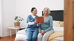 Tablet, nurse and senior woman on video call, talking and consultation in nursing home. Technology, elderly person in bedroom and caregiver in conversation, online chat and help on healthcare webinar