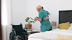 Nurse, helping and senior man with wheelchair, bed and healthcare in nursing home. Caregiver, support or elderly person with disability in bedroom and care for arthritis, balance or mobility in house