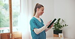 Typing, nursing home or nurse with tablet results, medical exam info or digital report online. Caregiver, history check or healthcare worker reading data for physiotherapy or rehabilitation research