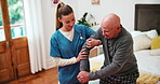 Senior, man or nurse with walking stick for support, help and movement disability in retirement home. Elderly, person or caregiver with cane for mobility, rehabilitation and recovery in bedroom