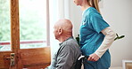 Old man, wheelchair and nurse in home window for retirement living, comfort or nature view. Senior male person, helper and health support in old age service or assistance, patient trust or connection