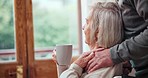 Home, holding hands and senior couple with support, coffee and love with healing, rehabilitation and recovery. Apartment, pensioner and elderly man with old woman, cancer and dementia in a lounge