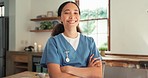 Happy woman, doctor and professional caregiver with arms crossed in confidence for healthcare or support at home. Portrait of female person, nurse or medical volunteer smile for health and wellness