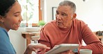 Nurse, senior man and tablet with coffee, breakfast and conversation with advice, learning and app in house. Caregiver, elderly patient and talking with smile, digital touchscreen and nursing home