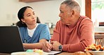 Woman, nurse and laptop with senior for life insurance, documents or healthcare advice at old age home. Female person, medical or caregiver helping mature man on computer with paperwork at house