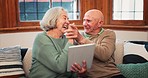 High five, tablet and senior couple on sofa excited for online winning, good news and notification. Retirement, marriage and happy elderly man and woman bonding with digital tech for social media