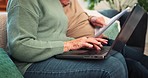 Hands, senior couple and laptop with bills in home for budget, investment portfolio or financial assets. Closeup, typing and computer for online banking, retirement savings or insurance policy report