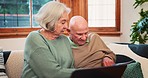 Senior couple, laptop and documents in home for budget, planning investment portfolio or financial assets. Old man, woman and reading banking report of account, retirement savings or insurance policy