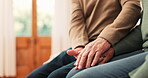 Home, care and senior couple holding hands for compassion, emotional support or partner trust, love or empathy. Sympathy, understanding and closeup people together with loyalty, commitment or respect