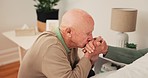 Bed, sick and old couple kiss for care and holding hands for support, bonding and compassion at home. Retirement home, marriage and elderly man and woman in bedroom for illness, healing and recovery