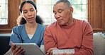 Man, woman and tablet for medicine in nursing home, container or schedule for advice, wellness or sofa. Caregiver, nurse and elderly person for drugs, pills or pharma product for health in retirement