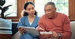 Man, woman and tablet for pills in nursing home, container or schedule for advice, wellness or sofa. Caregiver, nurse and elderly person for drugs, medicine or pharma product for health in retirement