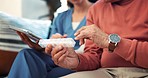 Man, woman and tablet for pills on sofa, container or schedule for advice, wellness or nursing home. Caregiver, nurse and elderly person for drugs, medicine or pharma product for health in retirement