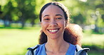 Face, happy nurse and woman outdoor at park for healthcare, wellness and career of medical professional in nature. Portrait, smile and caregiver, expert worker or employee in garden in South Africa