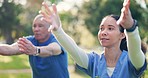 Woman nurse, tai chi and outdoor with senior man and caregiver with namaste and wellness in a park. Support, physical therapy and healthcare professional with physio, relax and retirement with care