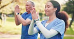 Nurse, yoga and outdoor with senior man and caregiver with namaste and wellness in a park. Support, physical therapy and healthcare professional with physio, relax and retirement with care on grass 