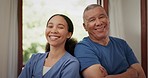 Patient, nurse smile and woman face of a caregiver in a healthcare, wellness and medical clinic. Happy, doctor and female person ready for working in hospital or retirement home with portrait and job