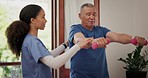 Physiotherapy, dumbbell or woman support old man doing arm exercise, injury healing or advice on arthritis rehabilitation. Physical therapy, consultation or patient workout, recovery or client physio