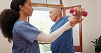 Physiotherapist, help and elderly man doing dumbbell arm exercise, muscle assessment or medical rehabilitation. Physiotherapy, wellness services and senior patient healing anatomy, recovery or physio