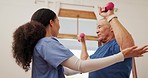 Physiotherapy support, help and old man doing dumbbell arm exercise, training assessment or rehabilitation. Physical therapy job, healing and nurse aid senior patient, elderly client or mature person